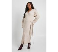 boohoo Women's Plus Lightweight Mixed Rib Wrap Jumper Dress in Taupe | Size: 16/18