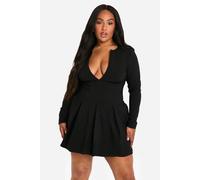 Boohoo Plus Long Sleeve Corset Detail Plunge Pleated Hem Dress In Black black 18