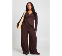 Boohoo Plus Long Sleeve Deep V Neck Wrap Top And Wide Leg Trouser In Chocolate chocolate 26