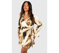 Boohoo Plus Marble Print Wrap Shirt Dress In Brown brown 28