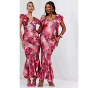 Boohoo Plus Marble Satin Ruffle Sleeve Maxi Dress In Pink pink 22