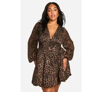 Boohoo Plus Milkmaid Woven Leopard Bubble Hem Skater Dress leopard 18