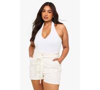 Boohoo Plus Paperbag Waist Denim Short In Ecru ecru 26