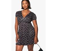 Boohoo Plus Polka Dot Drop Hem Mini Skater Dress In Black black 18