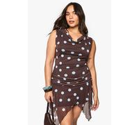 Boohoo Plus Polka Dot Hanky Hem Mini Dress In Brown brown 24
