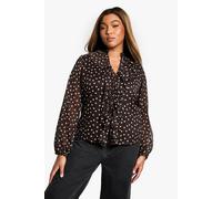 boohoo Women's Plus Polka Dot Ruffle Tie Front Volume Sleeve Blouse in Chocolate | Size: 26