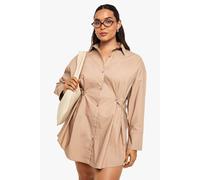 Boohoo Plus Poplin Cinched Button Detail Shirt Dress In Camel camel 22