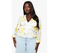 Boohoo Plus Printed Chiffon Ruffle Hem Blouse In Ivory ivory 28