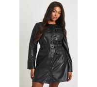Boohoo Plus Pu Collarless Long Sleeve Belted Mini Dress In Black black 28