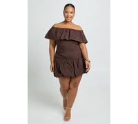 Boohoo Plus Puff Ball Bardot Mini Dress In Chocolate chocolate