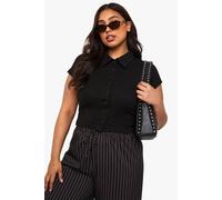 Boohoo Plus Rib Collared Button Down Top In Black black 24