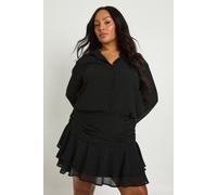 Boohoo Plus Ruffle Mini Skirt Shirt Dress In Black black 16