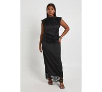 Boohoo Plus Satin Lace Trim Midaxi Skirt In Black black 26