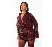 Boohoo Plus Sequin Draped Flare Sleeve Shirt Dress In Burgundy burgundy 22