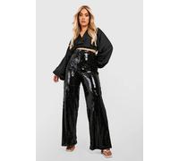 Boohoo Plus Sequin Wide Leg Trousers In Black black 20