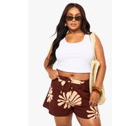 Boohoo Plus Shell Print Linen Shorts In Chocolate chocolate 28