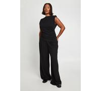 Boohoo Plus Shoulder Pad Pleated Detail Asym Hem Top And Wide Leg Trousers In Black black 28