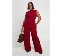 Boohoo Plus Shoulder Pad Pleated Detail Asym Hem Top And Wide Leg Trousers In Burgundy burgundy 16
