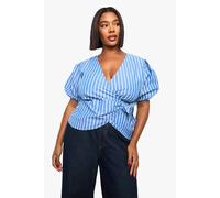 Boohoo Plus Sleeve Striped Wrap Detail Top In Blue blue 20