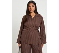 Boohoo Plus Stripe Woven Wrap Tie Shirt In Choc Brown choc brown 22