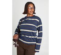 boohoo Women's Plus Striped Long Sleeve Henley Button Boxy Top in Blue | Size: 28