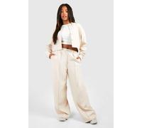 boohoo Women's Plus Tailored Seam Front Slouchy Wide Leg Trousers in Ecru | Size: 24