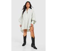 Boohoo Plus Textured Stripe Volume Sleeve Shirt Dress In Sage sage 22