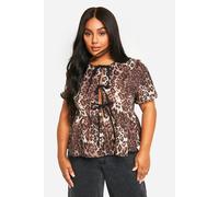 Boohoo Plus Tie Front Leopard Smock Top In Brown brown 26