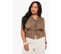 Boohoo Plus Tie Front Peplum Linen Stripe In Khaki khaki 26