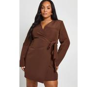 Boohoo Plus Tie Side Wrap Tailored Dress In Chocolate chocolate 22