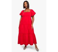 Boohoo Plus Tiered Puff Sleeve Midaxi Smock Dress red 16