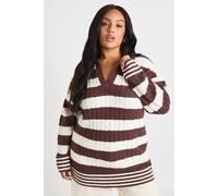 Boohoo Plus V Neck Collared Stripe Jumper In Chocolate chocolate 28