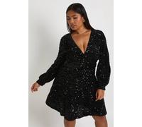 Boohoo Plus V Neck Velvet Sequin Skater Dress In Black black 24