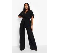 Boohoo Plus Woven Belted Wide Leg Jumpsuit In Black black 24