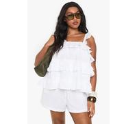 Boohoo Plus Woven Broderie Ruffle Smock Top In White white 26