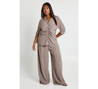 boohoo Women's Plus Woven Cinched Shirt & Elasticated Wide Leg Trouser Co Ord in Mauve | Size: 20