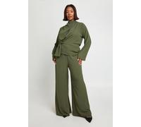 Boohoo Plus Woven Drape Long Sleeve Blouse & Trouser Co-Ord In Khaki khaki 26