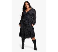 Boohoo Plus Woven Polka Dot Milkmaid Midi Skater Dress In Black black 22
