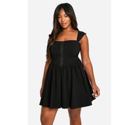 Boohoo Plus Woven Stretch Corset Detail Short Sleeve Floaty Mini Dress In Black black 22