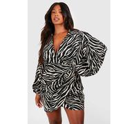Boohoo Plus Zebra Print Blouson Sleeve Wrap Dress In Black black 28
