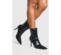 boohoo Women's Pointed Toe Croc Detail Heeled Ankle Boot in Black | Size: 8