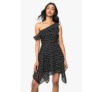 Boohoo Polka Dot Asymmetric Tie Detail Hanky Hem Mini Dress In Black black 8