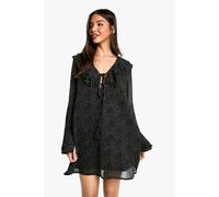 Boohoo Polka Dot Ruffle Shift Mini Dress In Black black 12