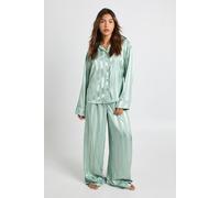 boohoo Women's Premium Jacquard Satin Oversized Long Sleeve Shirt & Trouser Pyjama Set in Sage | Size: 12