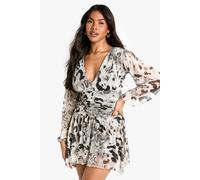 Boohoo Printed Animal Mesh Ruched Waist Mini Dress In Brown brown 10