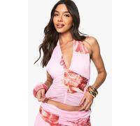 Boohoo Printed Mesh Halter Ruched Waist Top In Pink pink 14