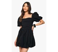 Boohoo Puff Sleeve Square Neck Ruched Skater Dress In Black black 16