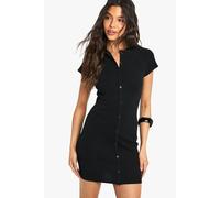 Boohoo Rib Button Down Cap Sleeve Mini Dress In Black black 10