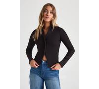 Boohoo Rib Button Through Collar Split Hem Shirt In Black black 14