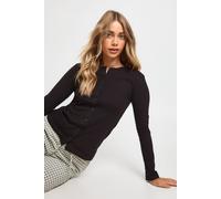 Boohoo Rib Button Through Long Sleeve Top In Black black 8